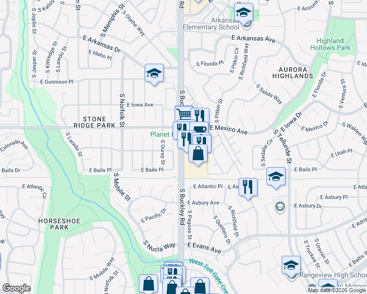 map of restaurants, bars, coffee shops, grocery stores, and more near 1802 South Ouray Court in Aurora