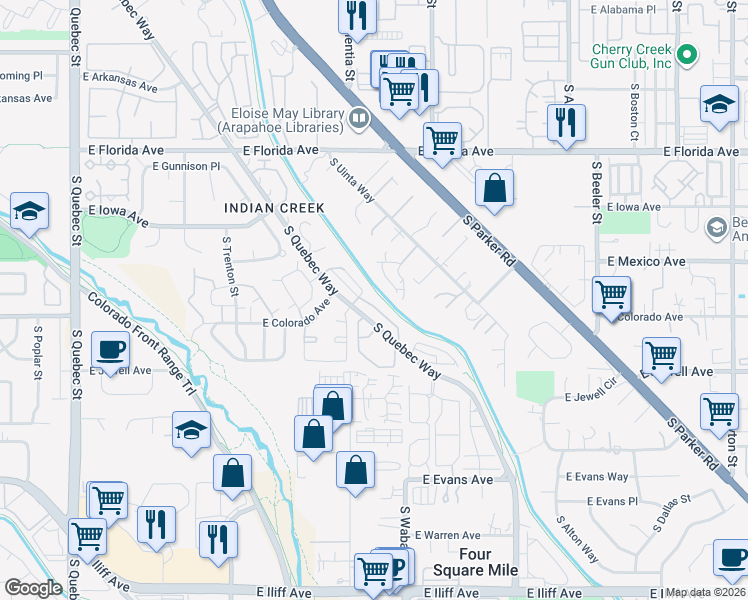 map of restaurants, bars, coffee shops, grocery stores, and more near 1885 South Quebec Way in Denver
