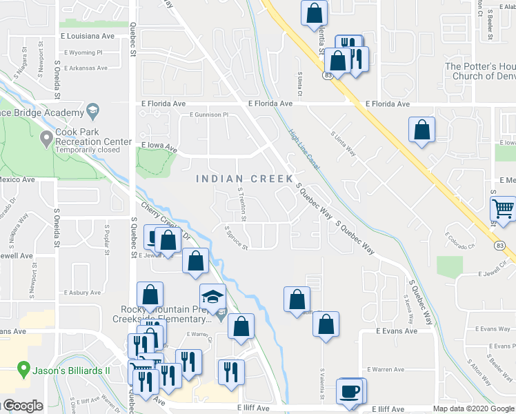 map of restaurants, bars, coffee shops, grocery stores, and more near 8055 East Colorado Avenue in Denver