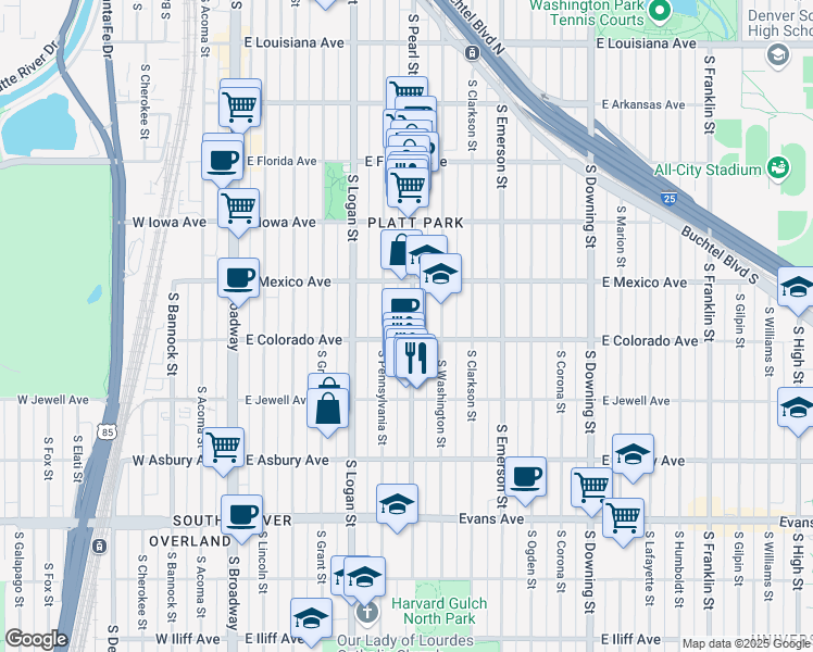 map of restaurants, bars, coffee shops, grocery stores, and more near 1775 South Pearl Street in Denver