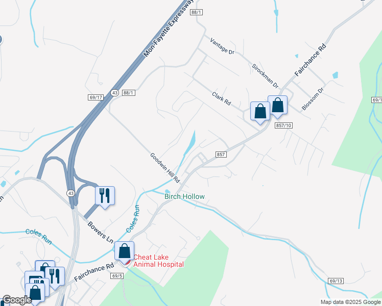 map of restaurants, bars, coffee shops, grocery stores, and more near 4004 Kathryn Drive in Morgantown