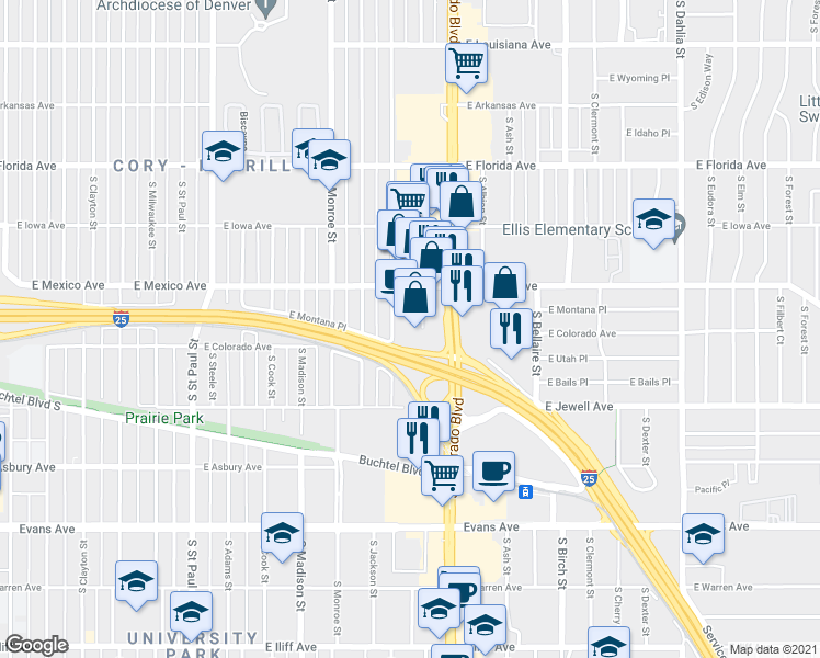 map of restaurants, bars, coffee shops, grocery stores, and more near 1777 South Harrison Street in Denver