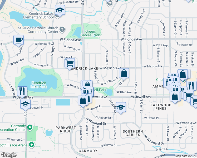 map of restaurants, bars, coffee shops, grocery stores, and more near 1776 South Field Court in Lakewood