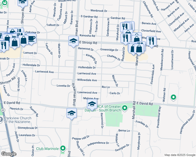 map of restaurants, bars, coffee shops, grocery stores, and more near 948 Willowdale Avenue in Dayton