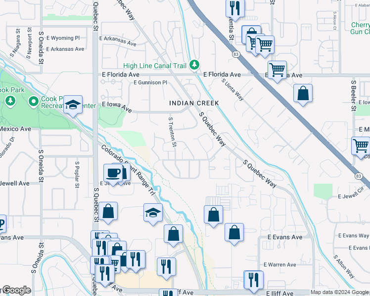 map of restaurants, bars, coffee shops, grocery stores, and more near 8055 East Colorado Avenue in Denver