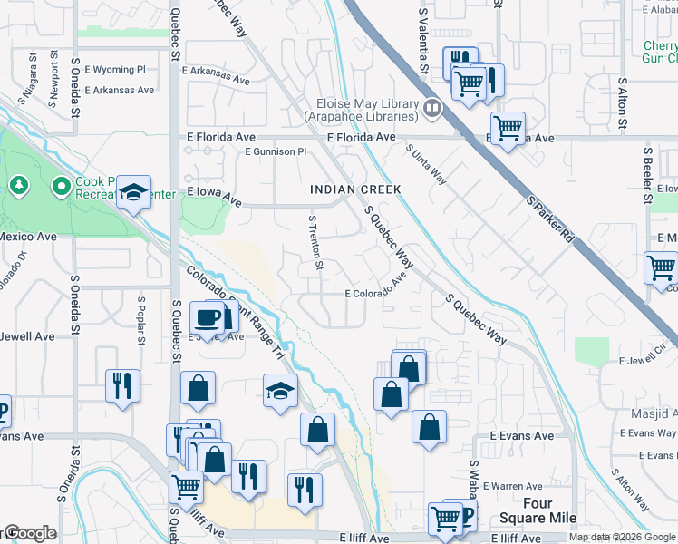 map of restaurants, bars, coffee shops, grocery stores, and more near 7995 East Colorado Avenue in Denver