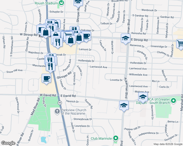 map of restaurants, bars, coffee shops, grocery stores, and more near 4300 Maxlin Road in Kettering