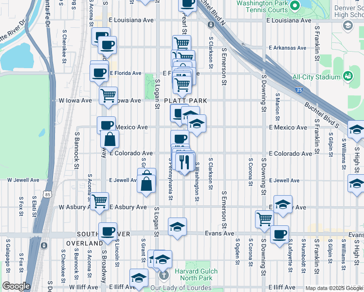 map of restaurants, bars, coffee shops, grocery stores, and more near 1801 South Pearl Street in Denver