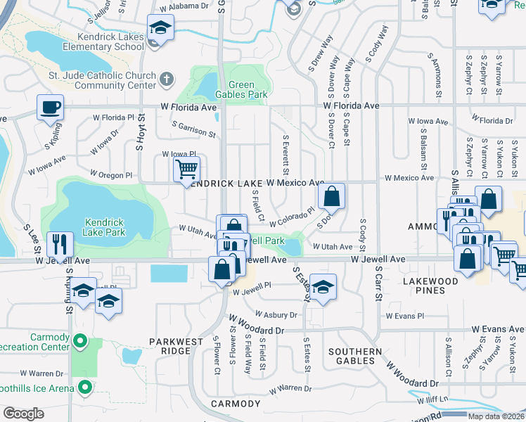 map of restaurants, bars, coffee shops, grocery stores, and more near 1776 South Field Court in Lakewood