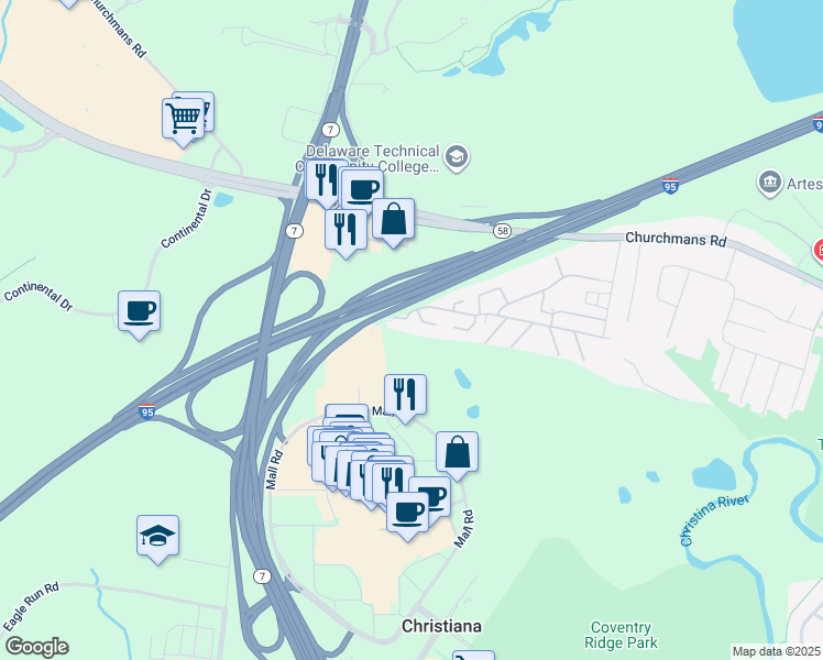 map of restaurants, bars, coffee shops, grocery stores, and more near 4009 Golf View Drive in Newark