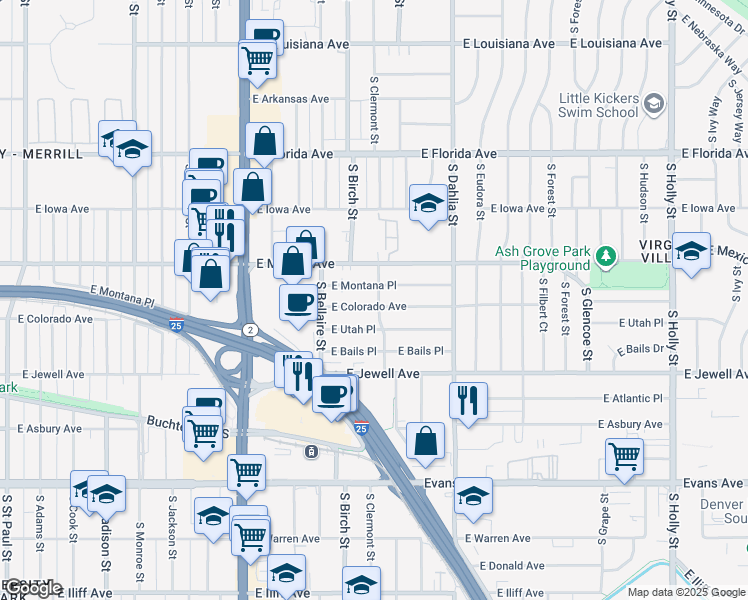 map of restaurants, bars, coffee shops, grocery stores, and more near 4460 East Colorado Avenue in Denver