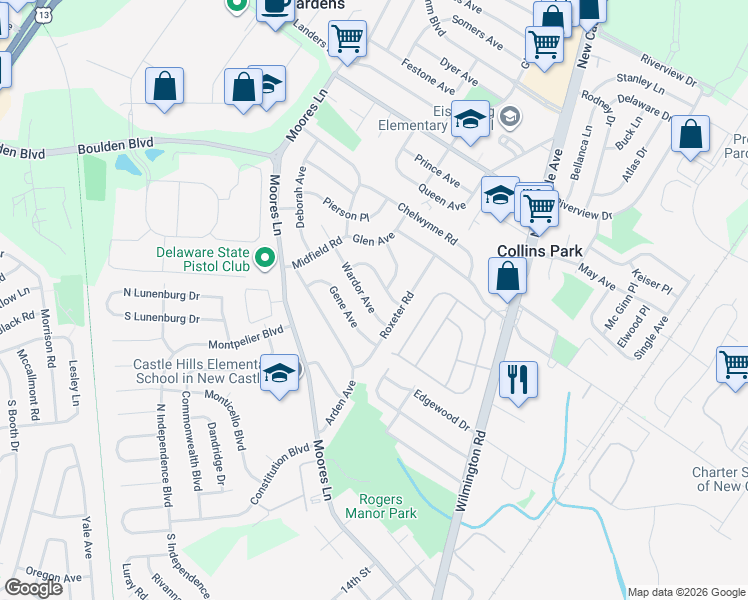 map of restaurants, bars, coffee shops, grocery stores, and more near 8 Wardor Avenue in New Castle