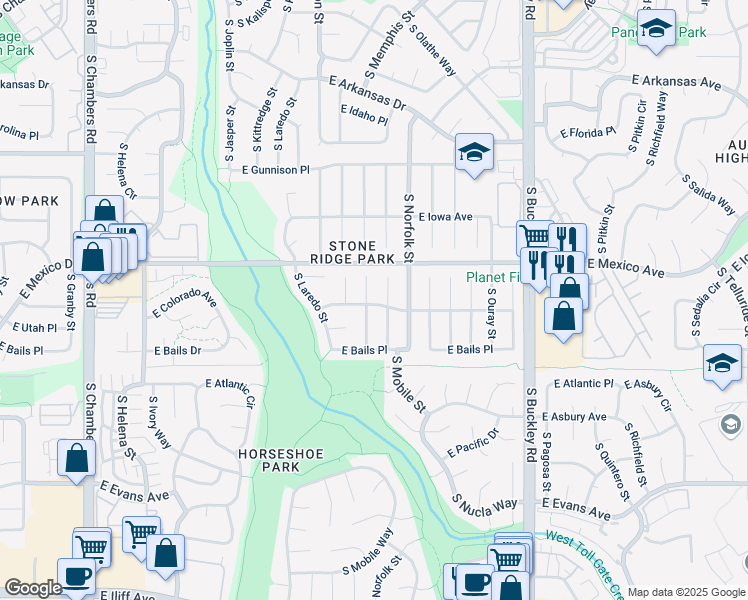 map of restaurants, bars, coffee shops, grocery stores, and more near 1819 South Mobile Street in Aurora