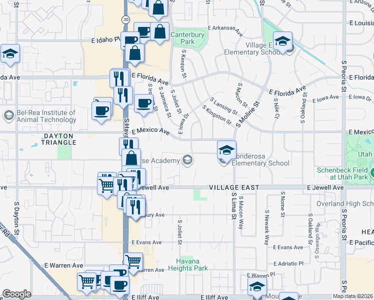 map of restaurants, bars, coffee shops, grocery stores, and more near 10896 East Colorado Drive in Aurora
