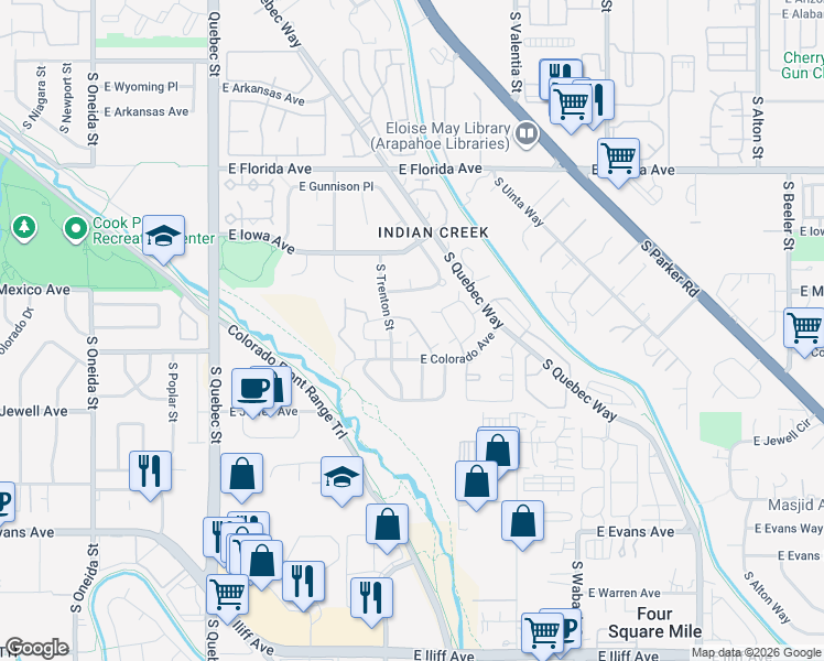 map of restaurants, bars, coffee shops, grocery stores, and more near 1782 South Trenton Street in Denver