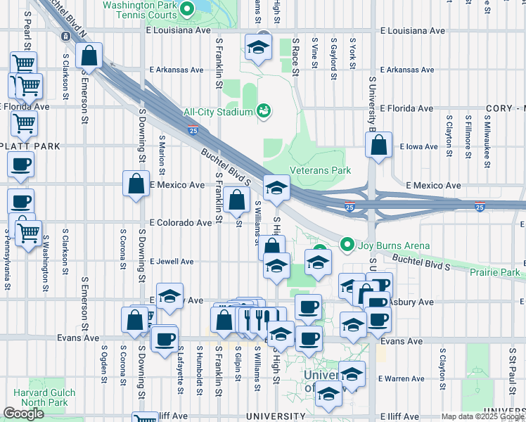 map of restaurants, bars, coffee shops, grocery stores, and more near in Denver