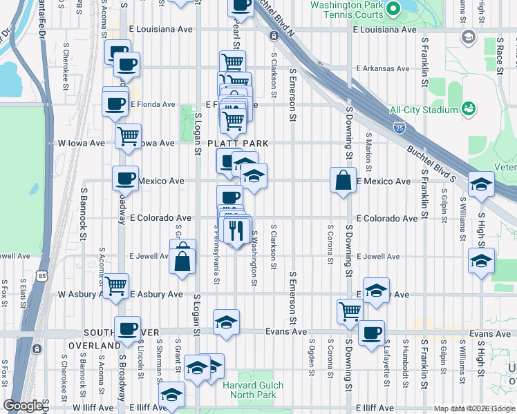 map of restaurants, bars, coffee shops, grocery stores, and more near 711 East Colorado Avenue in Denver