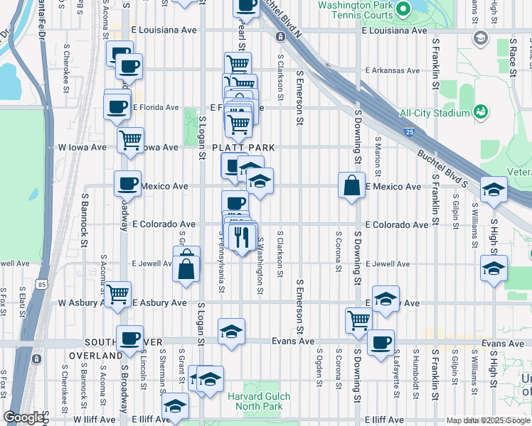 map of restaurants, bars, coffee shops, grocery stores, and more near 711 East Colorado Avenue in Denver