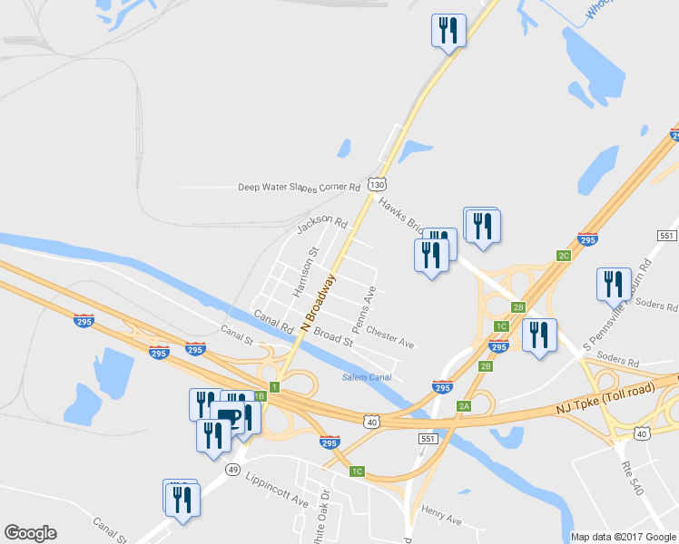 map of restaurants, bars, coffee shops, grocery stores, and more near 570 North Broadway in Pennsville Township