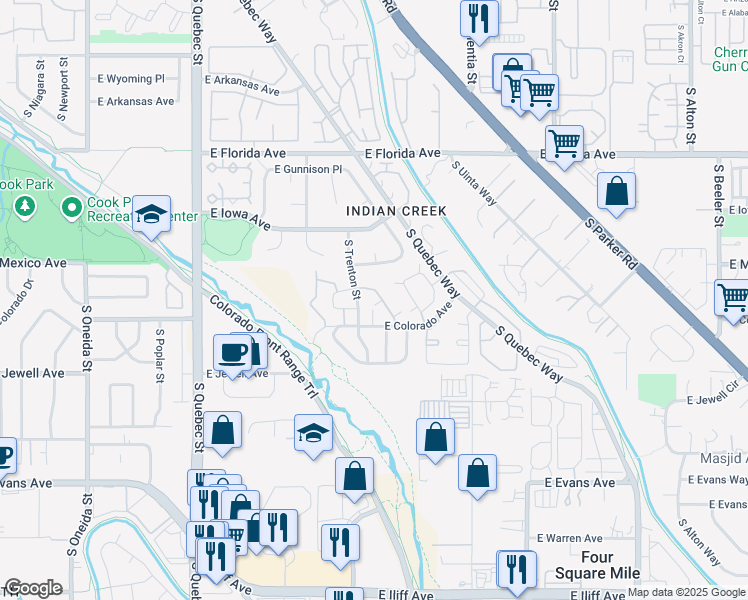 map of restaurants, bars, coffee shops, grocery stores, and more near 1782 South Trenton Street in Denver
