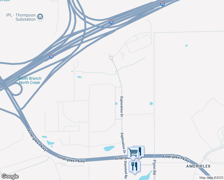 map of restaurants, bars, coffee shops, grocery stores, and more near 5510 Exploration Drive in Indianapolis