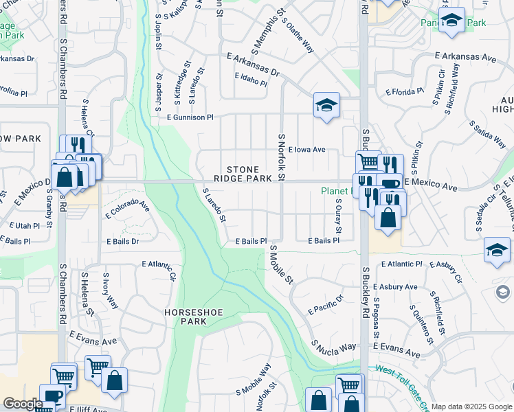 map of restaurants, bars, coffee shops, grocery stores, and more near 1819 South Mobile Street in Aurora
