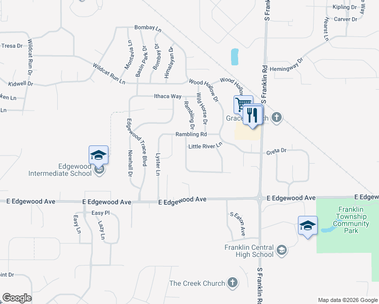 map of restaurants, bars, coffee shops, grocery stores, and more near 5745 Outer Bank Road in Indianapolis