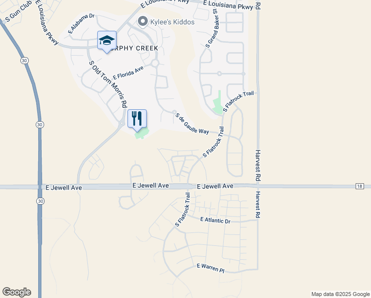 map of restaurants, bars, coffee shops, grocery stores, and more near South Flatrock Trail in Aurora