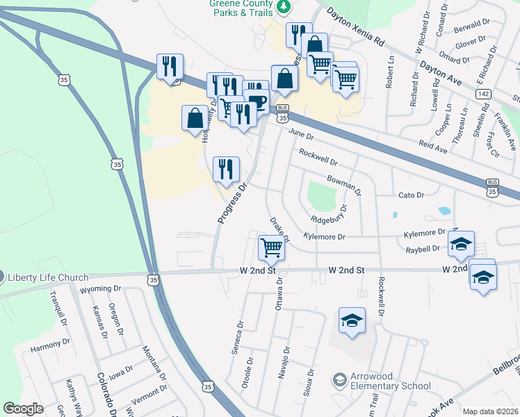 map of restaurants, bars, coffee shops, grocery stores, and more near 1967 Drake Drive in Xenia