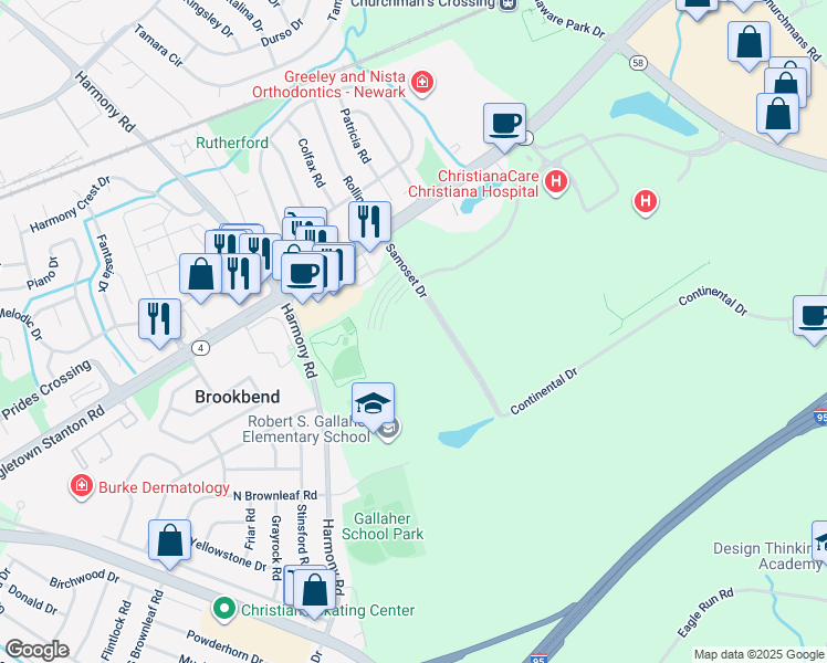 map of restaurants, bars, coffee shops, grocery stores, and more near 1000 Samoset Drive in Newark
