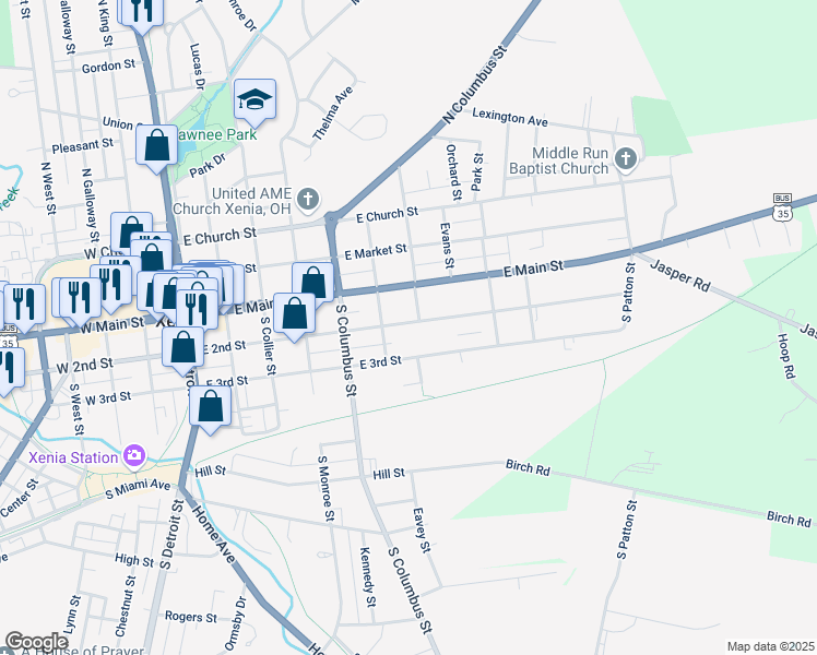 map of restaurants, bars, coffee shops, grocery stores, and more near 485 East 2nd Street in Xenia