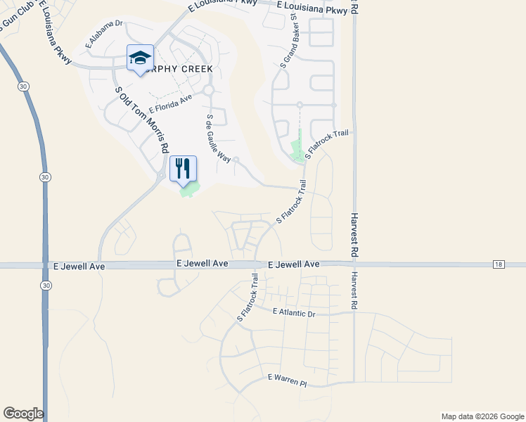 map of restaurants, bars, coffee shops, grocery stores, and more near South Flatrock Trail in Aurora