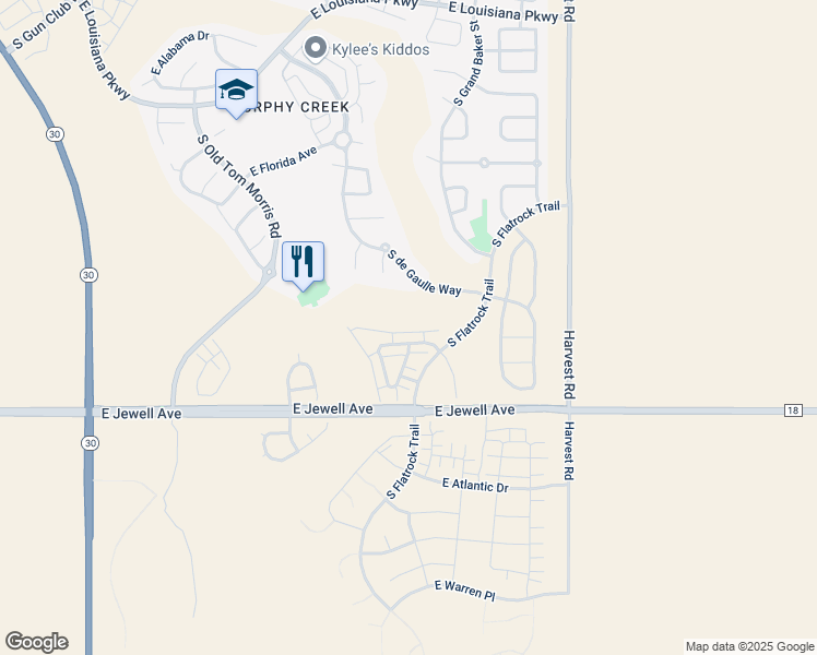 map of restaurants, bars, coffee shops, grocery stores, and more near South Flatrock Trail in Aurora