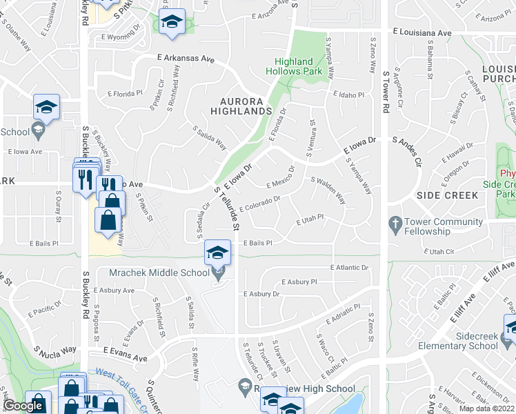map of restaurants, bars, coffee shops, grocery stores, and more near 17780 East Colorado Drive in Aurora