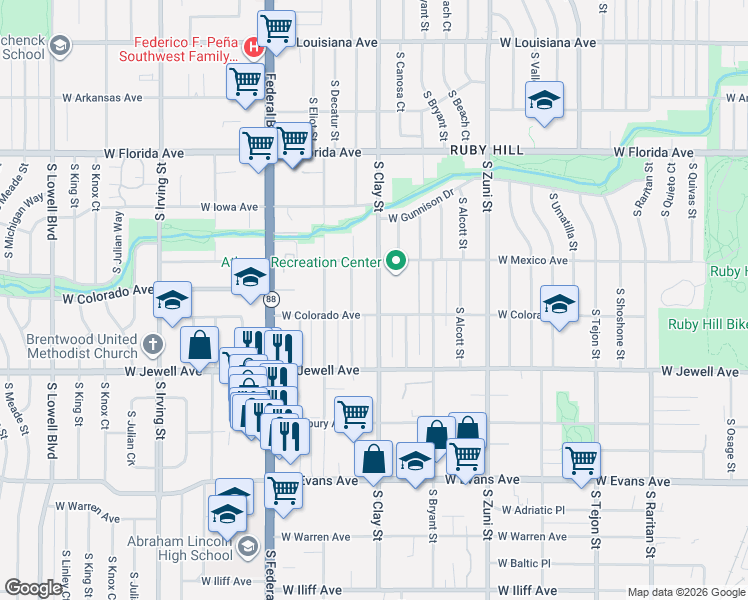 map of restaurants, bars, coffee shops, grocery stores, and more near 1800 South Dale Court in Denver