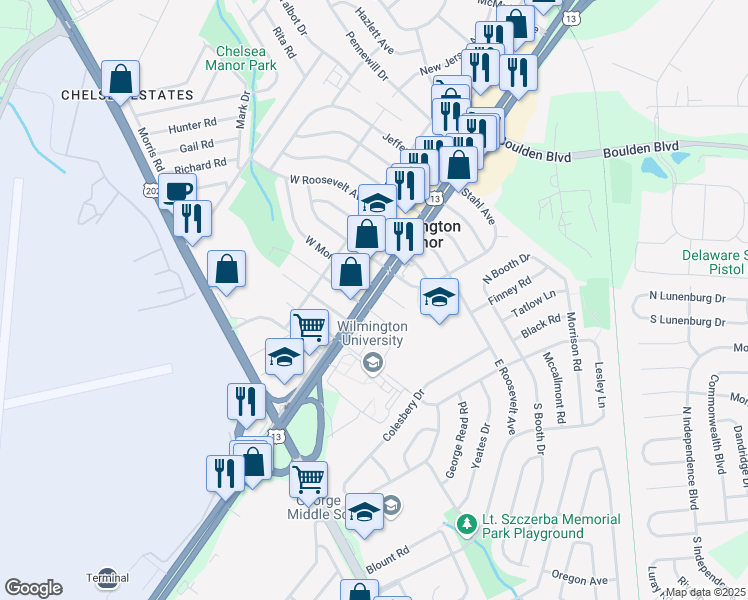 map of restaurants, bars, coffee shops, grocery stores, and more near 550 North Dupont Parkway in Wilmington Manor