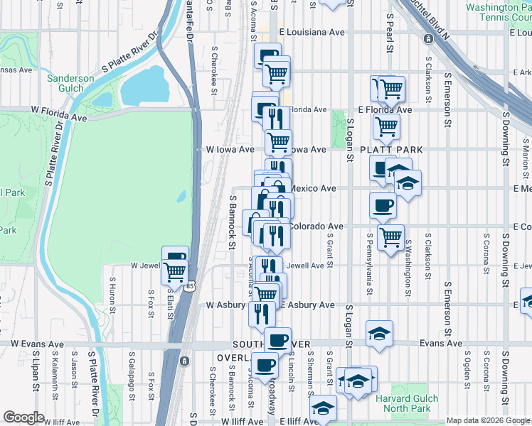 map of restaurants, bars, coffee shops, grocery stores, and more near 1801 South Broadway in Denver