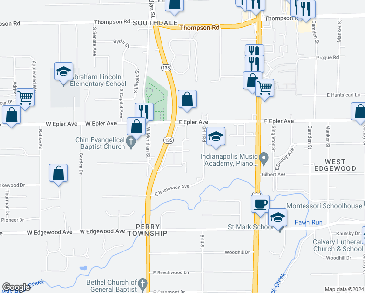 map of restaurants, bars, coffee shops, grocery stores, and more near 5522 Rue Royale in Indianapolis