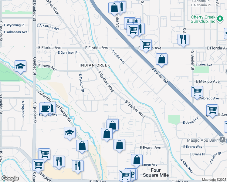 map of restaurants, bars, coffee shops, grocery stores, and more near 1771 South Quebec Way in Denver