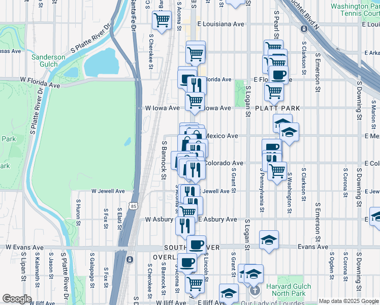 map of restaurants, bars, coffee shops, grocery stores, and more near 1801 South Broadway in Denver