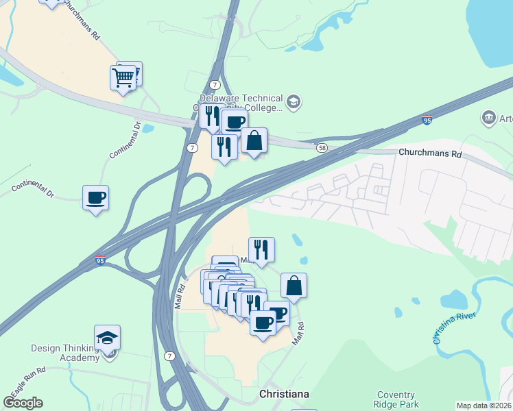 map of restaurants, bars, coffee shops, grocery stores, and more near 4112 Golf View Drive in Newark