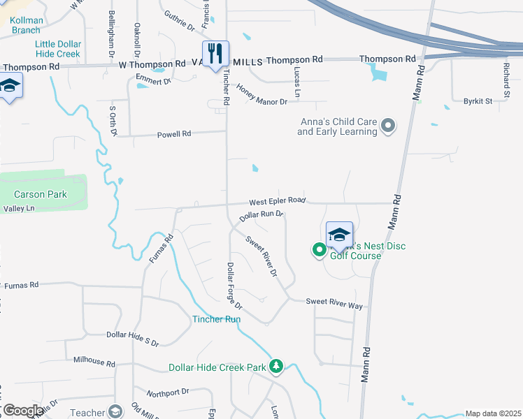 map of restaurants, bars, coffee shops, grocery stores, and more near 5378 Dollar Run Drive in Indianapolis