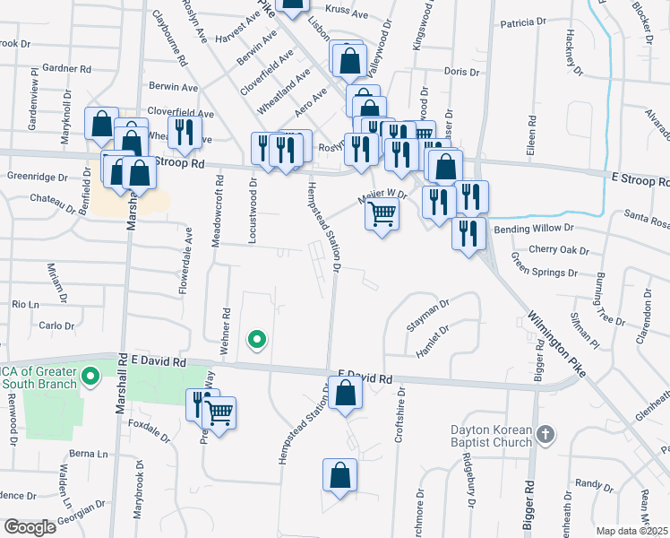 map of restaurants, bars, coffee shops, grocery stores, and more near Iron Horse Trail in Kettering