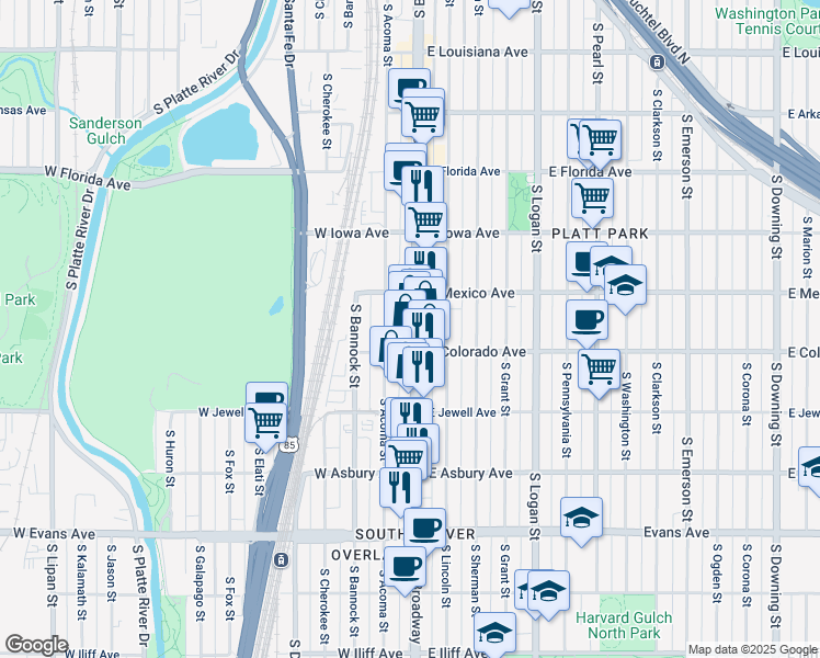 map of restaurants, bars, coffee shops, grocery stores, and more near 1801 South Broadway in Denver