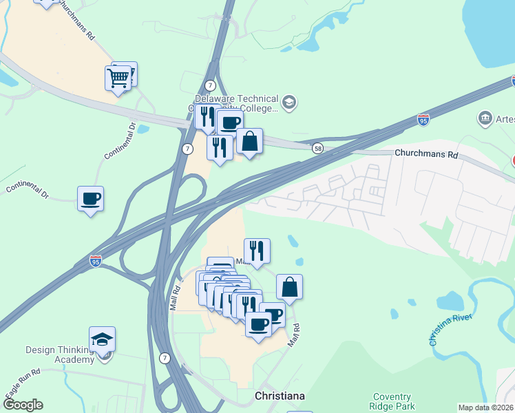 map of restaurants, bars, coffee shops, grocery stores, and more near 3203 Golf View Drive in Newark