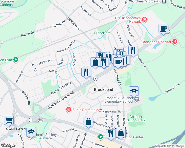 map of restaurants, bars, coffee shops, grocery stores, and more near 54 Cheswold Boulevard in Newark
