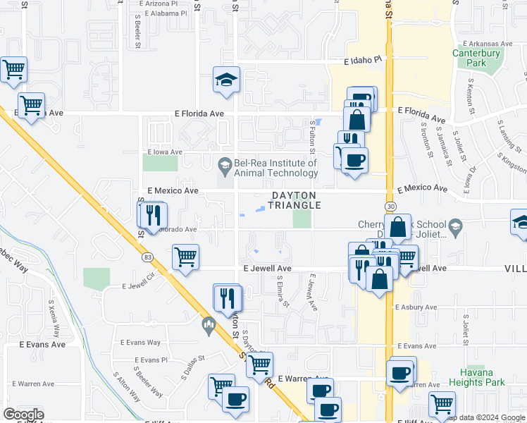 map of restaurants, bars, coffee shops, grocery stores, and more near 9767 East Colorado Avenue in Aurora