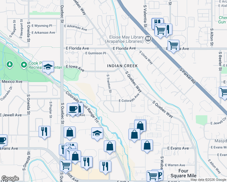 map of restaurants, bars, coffee shops, grocery stores, and more near 1782 South Trenton Street in Denver