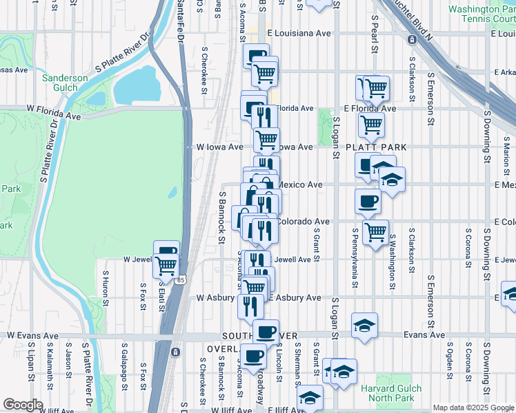 map of restaurants, bars, coffee shops, grocery stores, and more near 1801 South Broadway in Denver