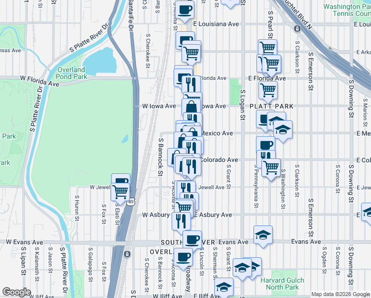 map of restaurants, bars, coffee shops, grocery stores, and more near 1801 South Broadway in Denver